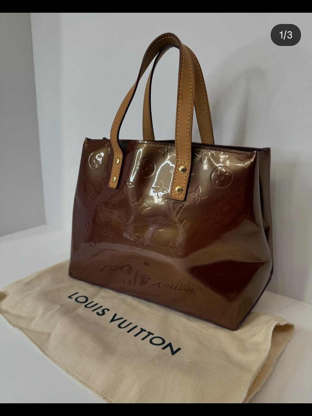 Authentic Louis Vuitton Brown Vernis Patent Tote with Natural Leather Handles